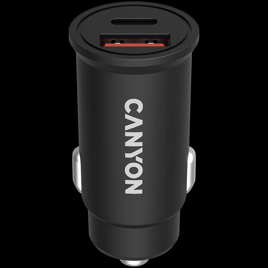 CANYON C-20B03, PD 30W/QC3.0 18W Pocket size car charger with 1-USB A+ 1-USB-C Input: DC12V-24V, Output: USBC: PD30W( 5V3A/9V3A/12V2.5A/15V2A/20V1.5A),USB-A:QC3.0 18W (5V3A