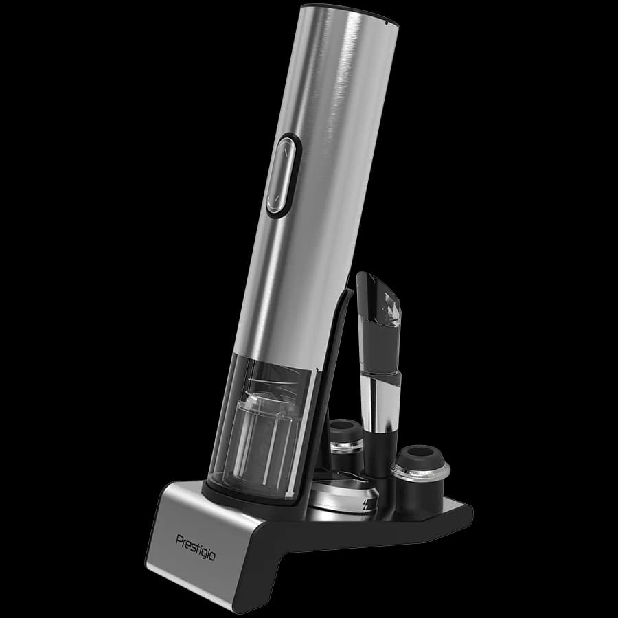 Prestigio Garda, smart wine opener, simple operation with 2 buttons, aerator, vacuum stopper preserver, foil cutter, opens up to 50 bottles wihout recharging, premium design, 500mAh battery, Dimensions D 17mm* H 290mm* W100 mm, silver color.