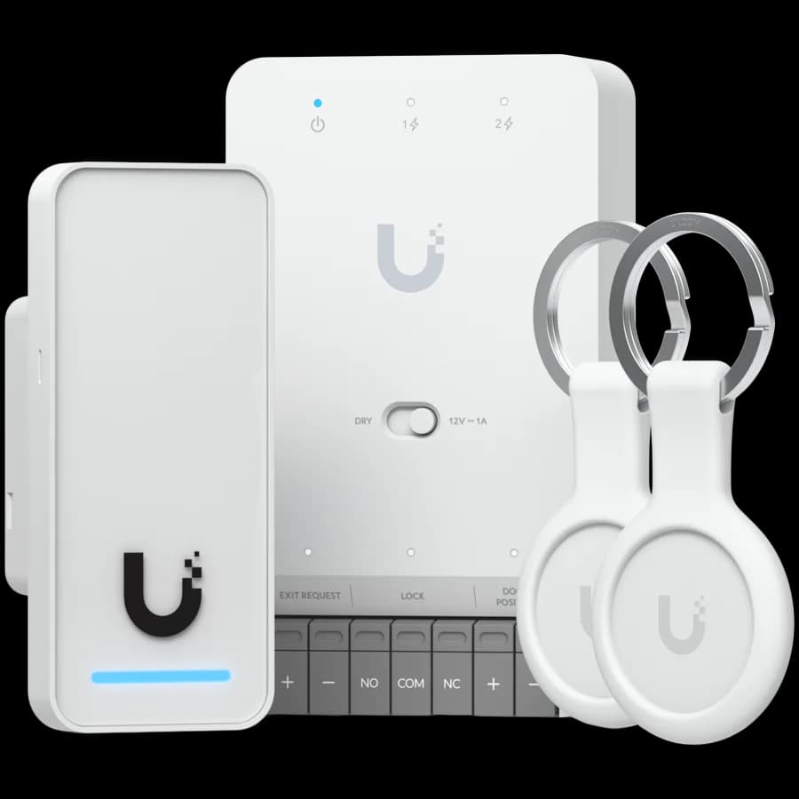 Ubiquity UA-G3-SK all-in-one kit for UniFi Access, designed to manage a single door with one reader. Supports seamless setup and Apple Touch Pass for modern, secure access control, Door Hub Mini, G3 Reader, 2x Pocket Keyfobs