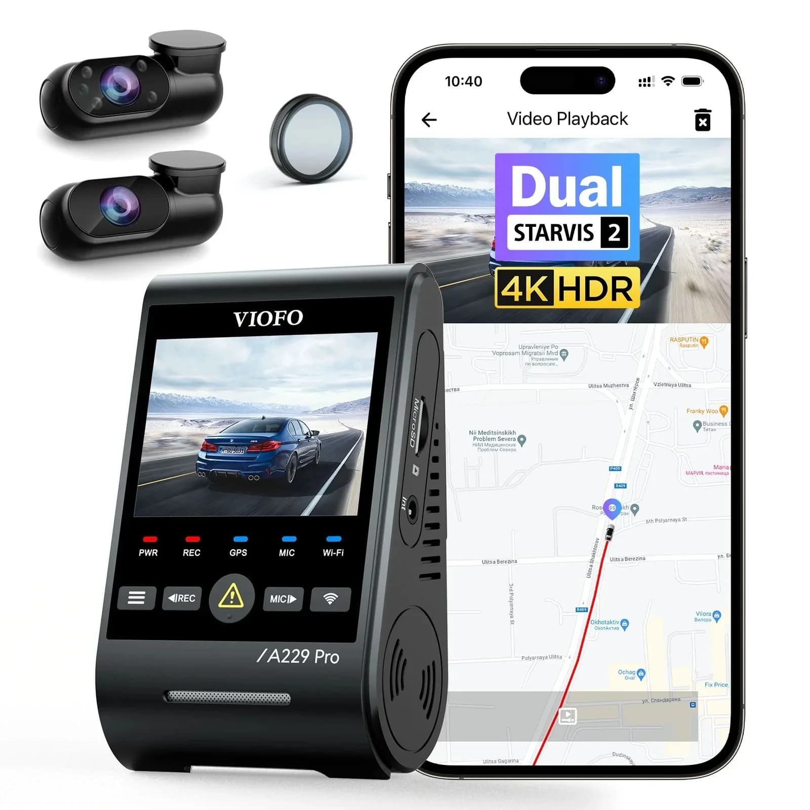 VIOFO Видеорегистратор Dash Cam A229 Pro 3 Channel - 4K, HDR, Dual Sony STARVIS 2, GPS, Bluetooth