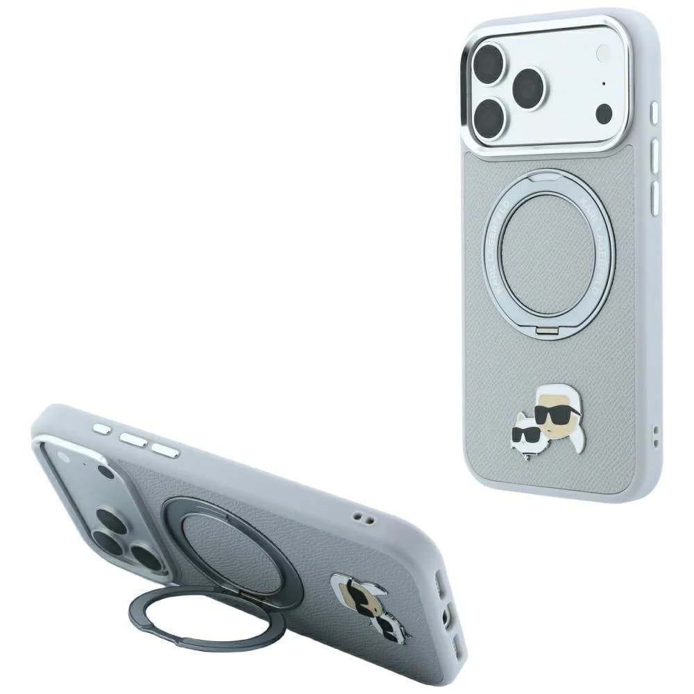 Karl Lagerfeld with Ring Stand 360 Karl & Choupette Heads Pin MagSafe case for iPhone 18 Pro / 17 Pro gray