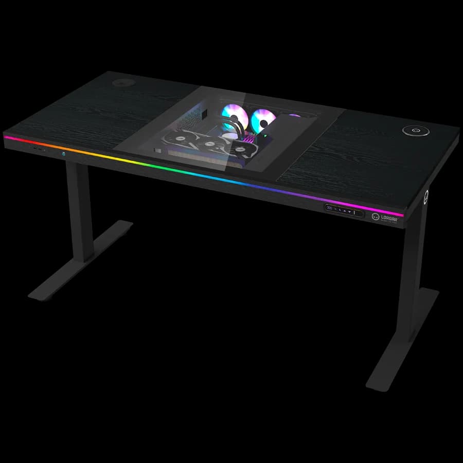 Dual-motor sit/stand adjustable-height gaming desk with built-in PC case, wireless charger, RGB lighting, control panel, and USB ports, PB melamine surface tabletop, black.