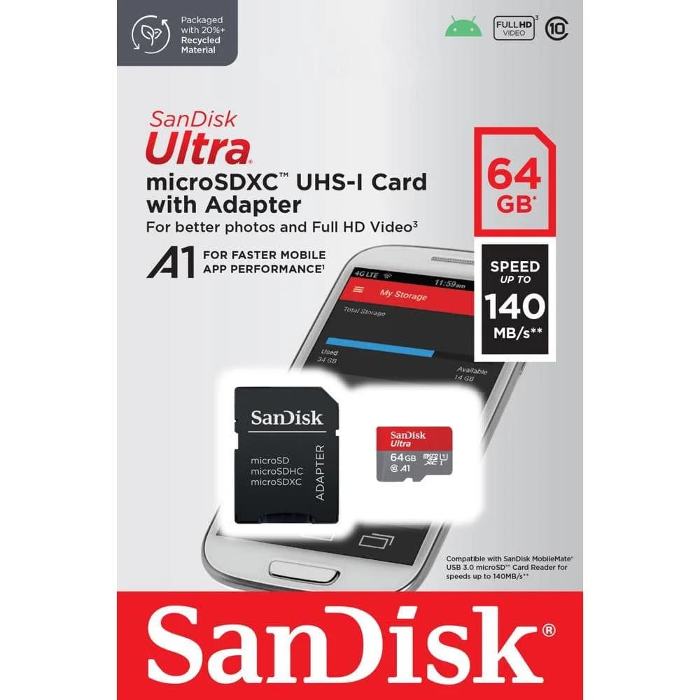 SanDisk memory card Ultra Android microSDXC 64GB 140MB/s A1 Cl.10 UHS-I + adapter