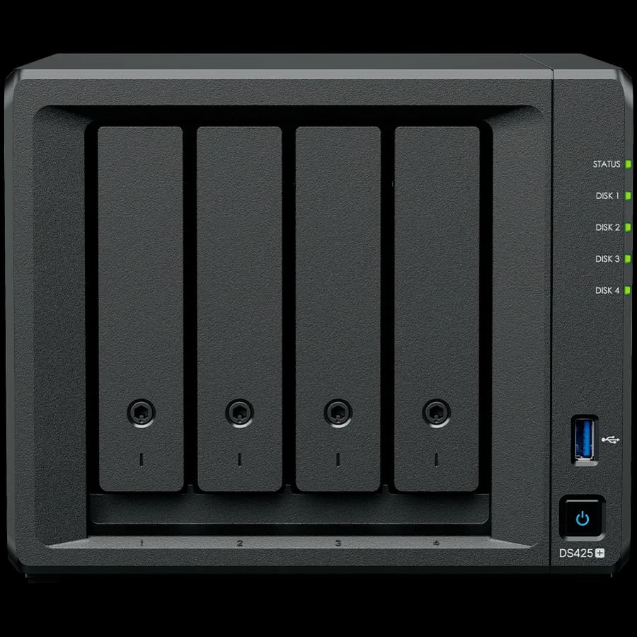 Synology DiskStation DS425+ Tower, 4-Bays 3.5'' SATA HDD/SSD, 2 x M.2 2280 NVMe SSD slot, CPU Intel Celeron J4125  4-core 2.0 GHz, 2 GB DDR4 non-ECC SODIMM, 1x RJ-45 2.5 GbE LAN, 1x RJ-45 1GbE LAN Port; 2x USB 3.2;  2.18 kg; 3yr warranty