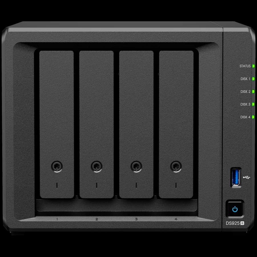 Synology DiskStation DS925+ Tower, 4-Bays 3.5'' SATA HDD/SSD, 2 x M.2 2280 NVMe SSD slot, CPU AMD Ryzen V1500B 4-core 2.2 GHz, 4 GB DDR4 ECC SODIMM, 2x RJ-45 2.5 GbE LAN Port; 2x USB 3.2; 1 xUSB Type-C expansion port; 2.26 kg; 3yr warranty