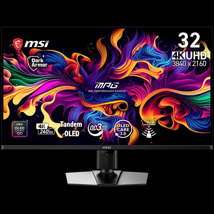 MSI MPG 322UR QD-OLED X24 Gaming Monitor, 31.5" 240Hz, UHD (3840x2160) 16:9, Anti-Reflection, 0.03ms, 300nits, 1500000:1, 178/178, G-SYNC Compatible, FreeSync Premium Pro, DisplayHDR True Black 500, Adj. Stand, 1xDP, 2xHDMI, 1xType-C, 3Y
