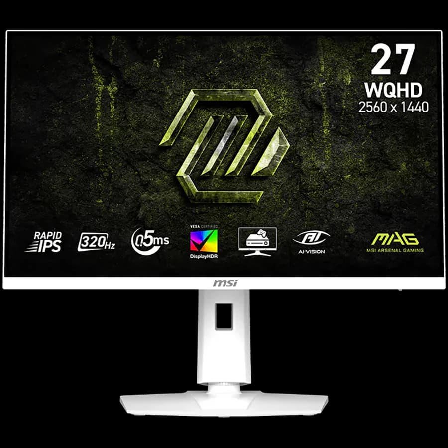 MSI MAG 274QRFW X32 Gaming Monitor, 27" 320Hz, WQHD (2560x1440) 16:9, Rapid IPS Anti-glare, 0.5ms, 300nits, 1000:1, 178/178, G-SYNC Compatible, AMD FreeSync Premium, DisplayHDR 400, Adj. Stand, 1x DP, 2x HDMI, 1x Headphone out, White, 3Y