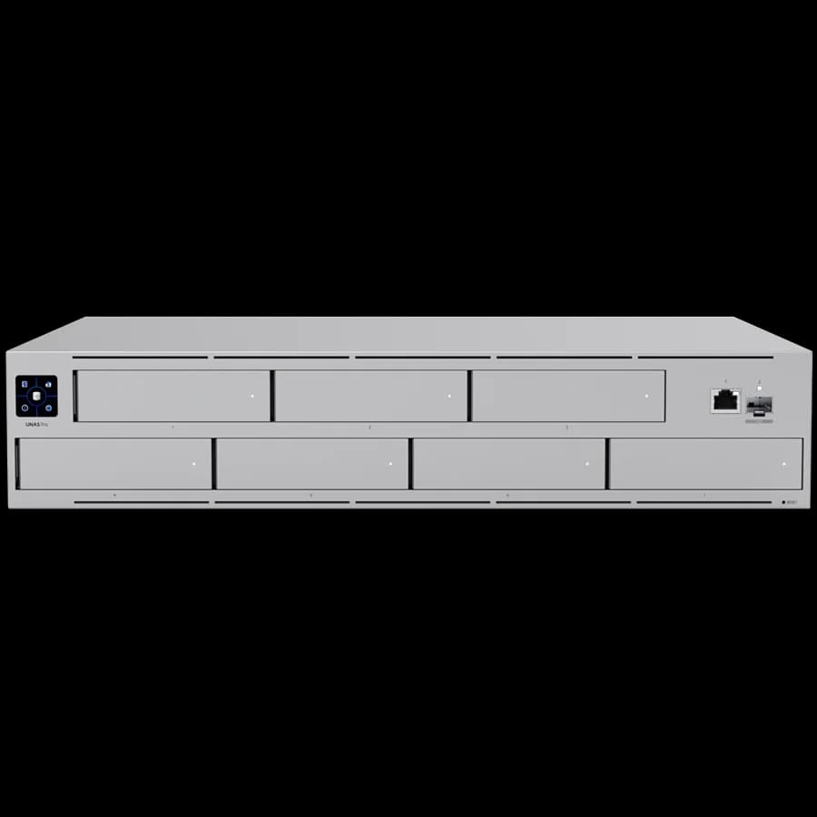 Ubiquiti UNAS-Pro-EU 2U rack-mount NAS with (7) 2.5/3.5" drive bays and 10 Gbps performance designed for large-scale file storage and sharing, (7) 2.5/3.5" HDD / SSD support, 10G SFP+ uplink and (1) GbE RJ45 port
