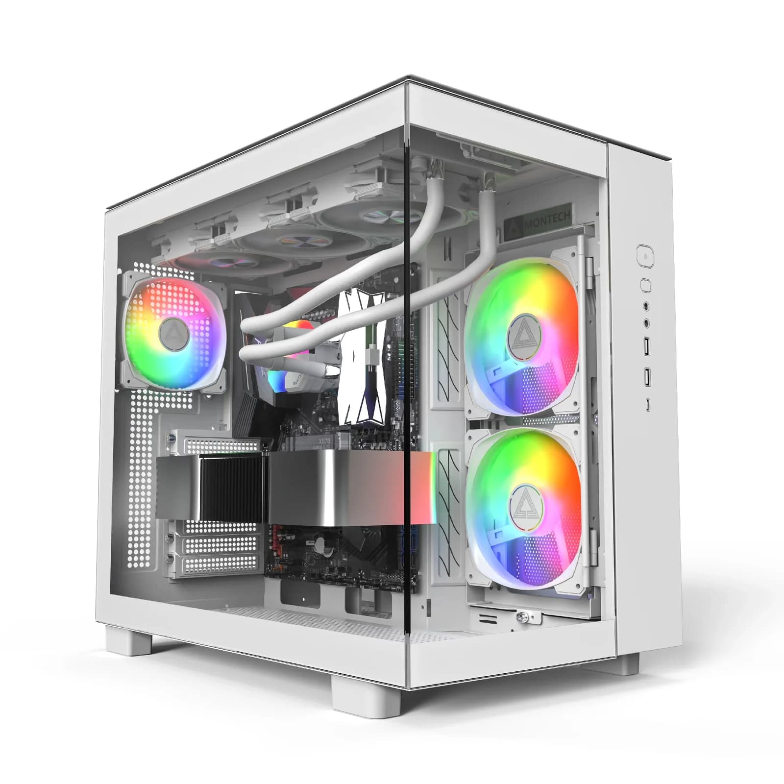 Montech кутия KING 65 Pro, Dual Chamber Mid-tower Case, 3 ARGB Fans, White