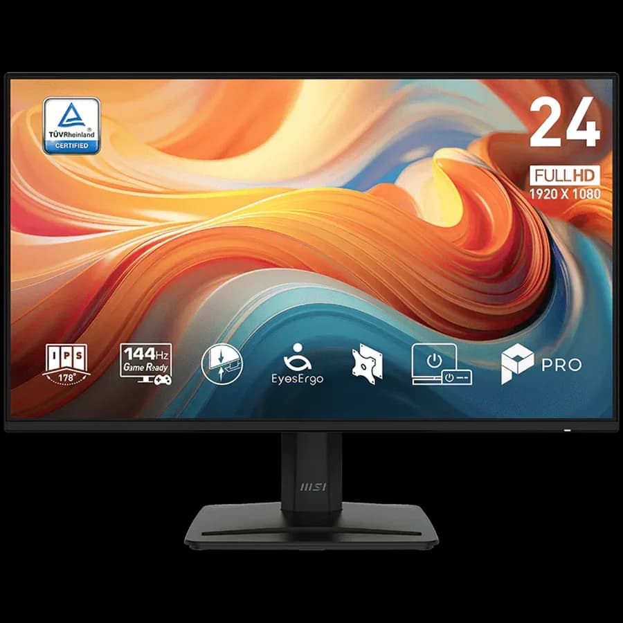MSI PRO MP243 E14 Professional Business Monitor, 23.8" 144Hz, FHD (1920x1080) 16:9, IPS Anti-glare, 1ms, 300nits, 1500:1, 178/178, Adaptive-Sync, HDR Ready, Tilt, Speakers, 1x DP, 1x HDMI, 1x Headphone out, 3Y Warranty