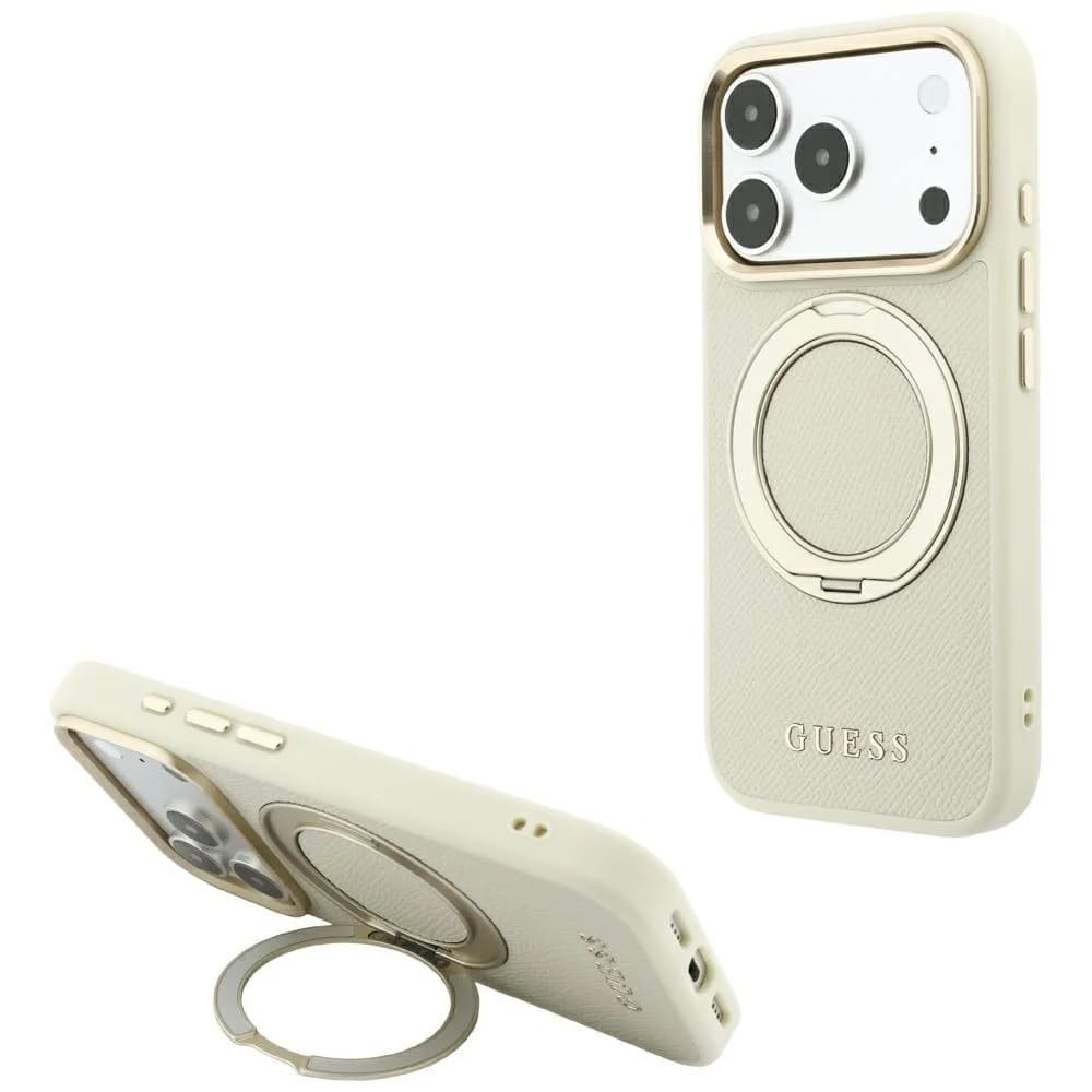 Guess Ring Stand 360 Grained Classic Logo MagSafe case for iPhone 18 Pro / 17 Pro beige
