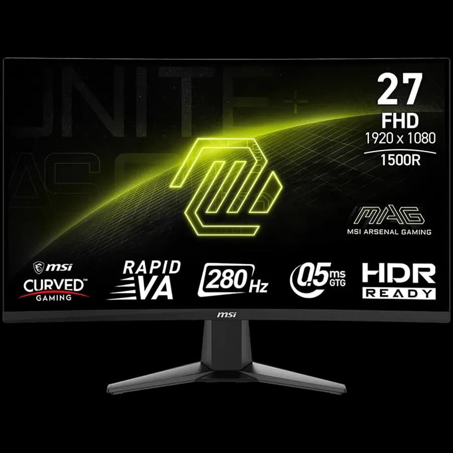 MSI MAG 276CXF Curved Gaming Monitor, 27" 280Hz, FHD (1920x1080) 16:9, Rapid VA Anti-glare, 1500R, 0.5ms, 300nits, 4000:1, 178/178, Adaptive-Sync, HDR Ready, Tilt, 1x DP, 2x HDMI, 1x Headphone out, 3Y Warranty