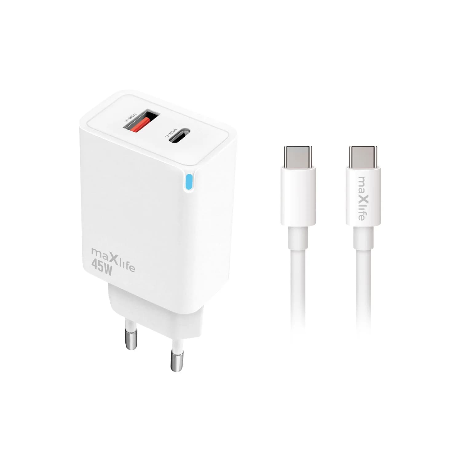 Maxlife MXTC-09-45AC GaN PD QC charger 1x USB-C 1x USB 45W white + USB-C - USB-C cable 2.0m 60W