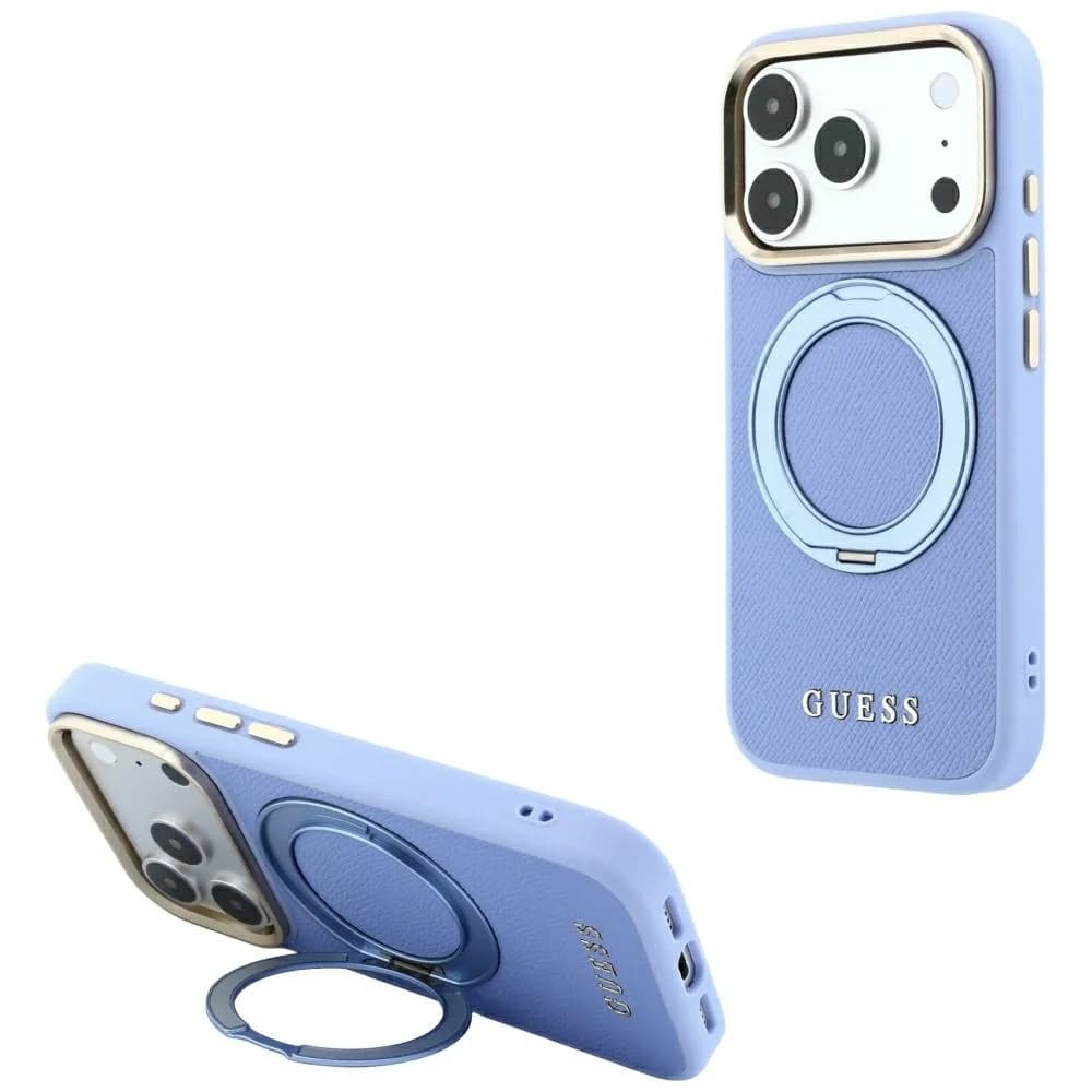 Guess Ring Stand 360 Grained Classic Logo MagSafe case for iPhone 18 Pro Max / 17 Pro Max light blue