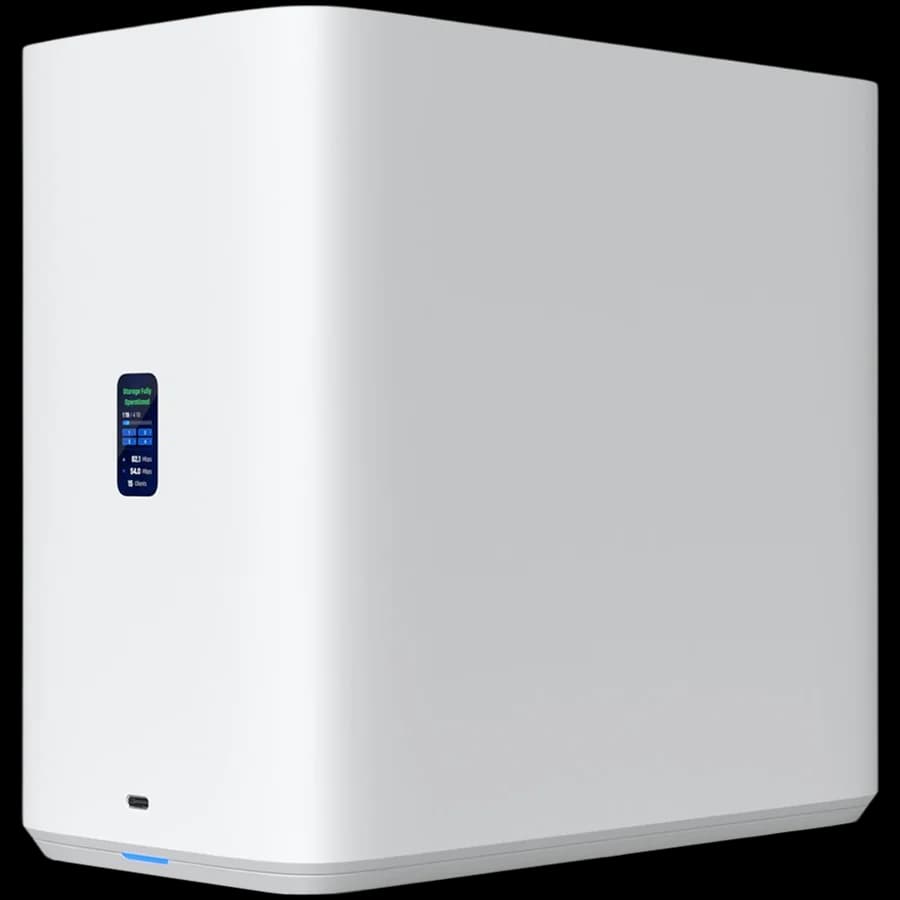 Ubiquiti UniFi UNAS-4-W-EU Network Attached Storage with (4) 2.5/3.5" HDD bays, (2) M.2 NVMe SSD cache slots, 2.5 GbE networking, USB-C connectivity, and an included PoE+++ adapter, all in a compact footprint