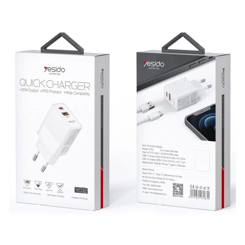 YESIDO WALL CHARGER YC32 PD 20W QC3.0 USB-A+C WHITE