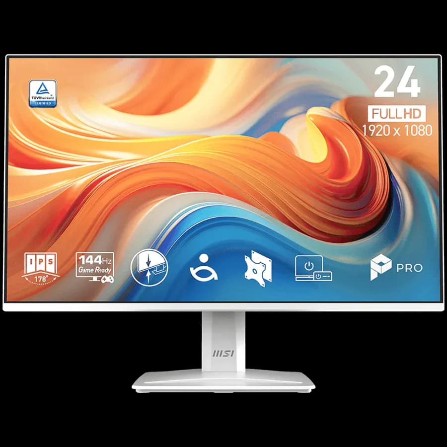 MSI PRO MP243W E14 Professional Business Monitor, 23.8" 144Hz, FHD (1920x1080) 16:9, IPS Anti-glare, 1ms, 300nits, 1500:1, 178/178, Adaptive-Sync, HDR Ready, Tilt, Speakers, 1x DP, 1x HDMI, 1x Headphone out, White, 3Y Warranty