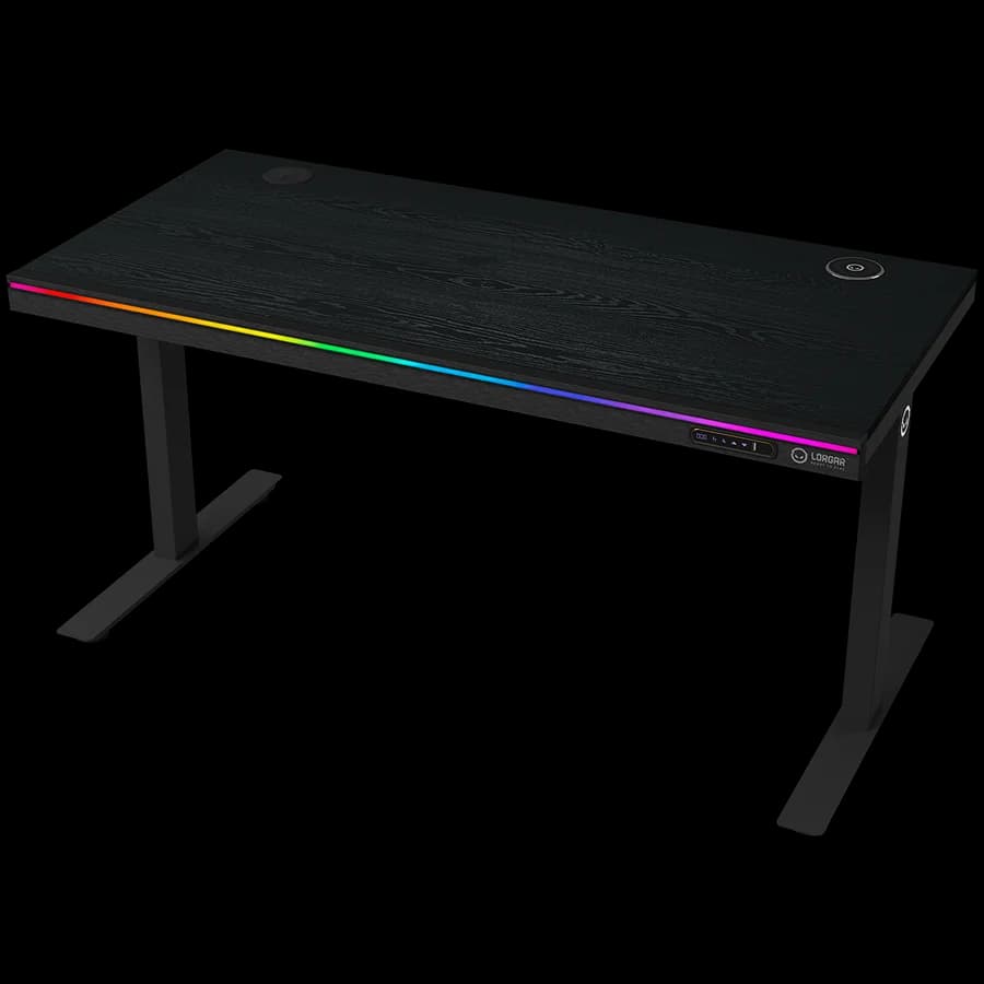 Dual-motor sit/stand adjustable-height gaming desk with wireless charger, RGB lighting, control panel, and USB ports, PB melamine surface tabletop, black.