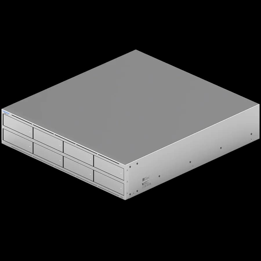Ubiquiti UNAS-Pro-8-EU 2U rack-mount NAS with (8) 2.5/3.5" HDD bays and (2) M.2 NVMe SSD cache slots, delivering faster access, lower latency, and high-availability 10 Gbps networking for large-scale file storage and sharing