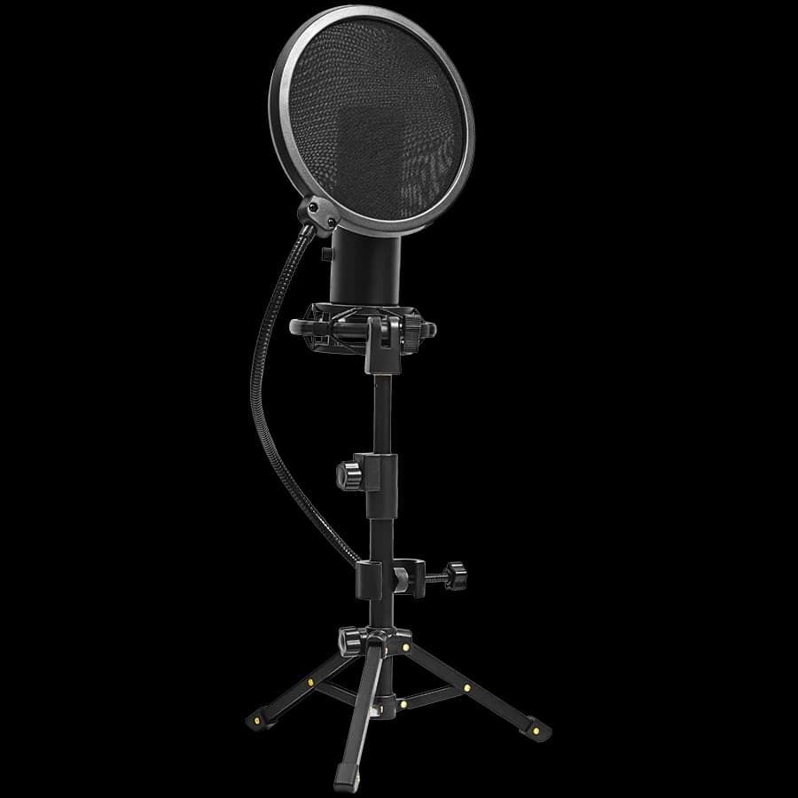 LORGAR Voicer 721, Gaming Microphone, Black, USB condenser microphone with tripod stand, pop filter, including 1 microphone, 1 Height metal tripod, 1 plastic shock mount, 1 windscreen cap, 1,2m metel type-C USB cable, 1 pop filter, 154.6x56.1mm