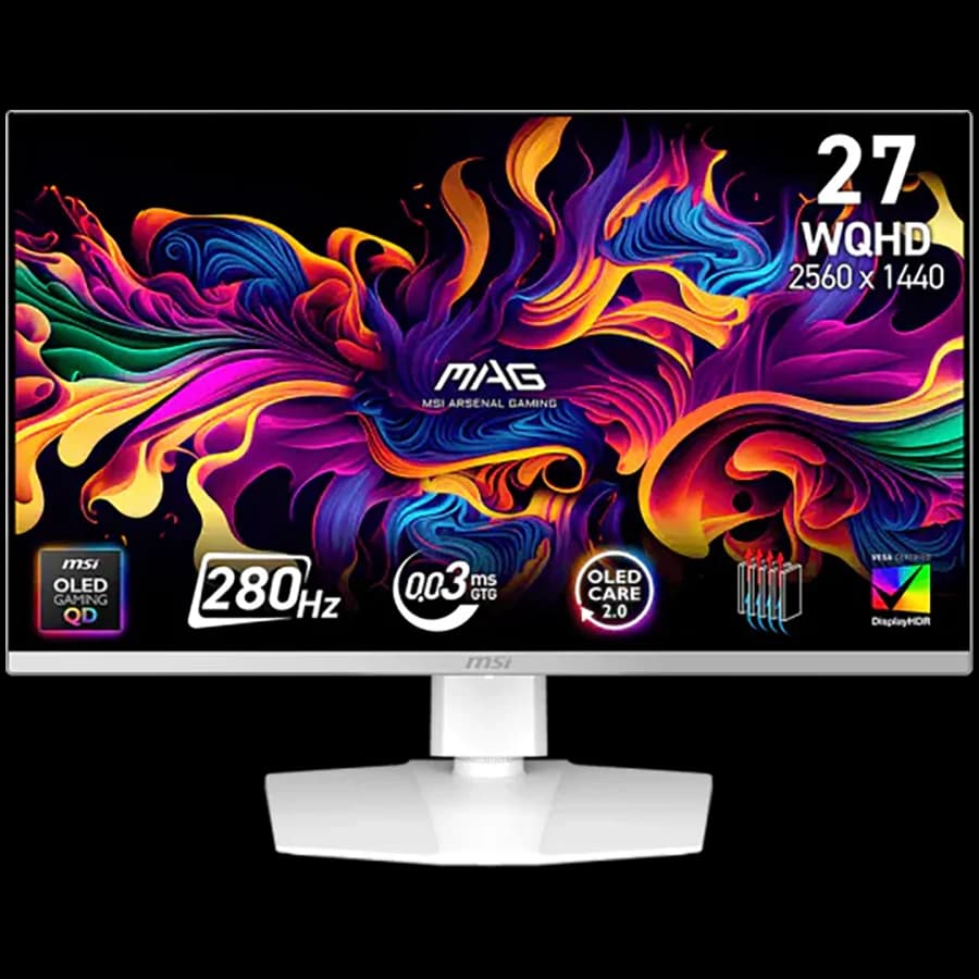 MSI MAG 272QPW QD-OLED X28 Gaming Monitor, 26.5" 280Hz, WQHD (2560x1440) 16:9, Anti-Reflection, 0.03ms, 250nits, 1500000:1, 178/178, G-SYNC Compatible, FreeSync Premium Pro, DisplayHDR True Black 400, Adj. Stand, 1xDP, 2xHDMI, 1xType-C, White, 3Y