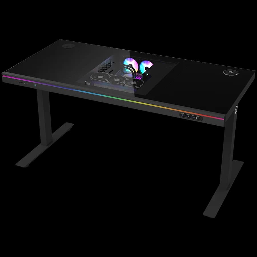 Dual-motor sit/stand adjustable-height gaming desk with built-in PC case, wireless charger, RGB lighting, control panel, and USB ports, tempered glass tabletop, black.