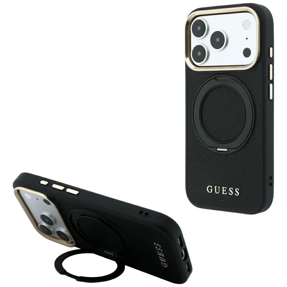 Guess Ring Stand 360 Grained Classic Logo MagSafe case for iPhone 18 Pro / 17 Pro black
