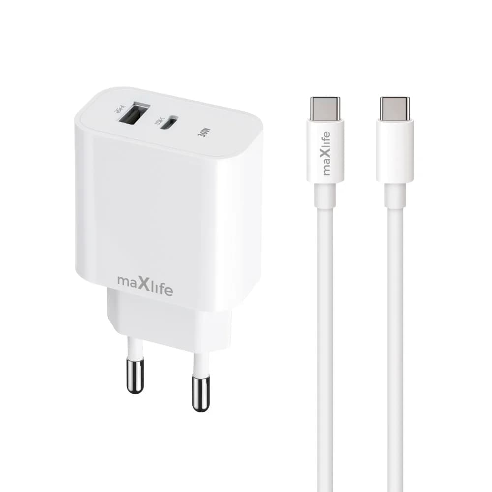 Maxlife MXTC-06-30AC PD QC charger 1x USB-C 1x USB 30W white + USB-C - USB-C cable 60W