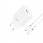 Мрежово зарядно устройство XO CE15 PD 20W 1x USB-C бяло + USB-C - Lightning кабел