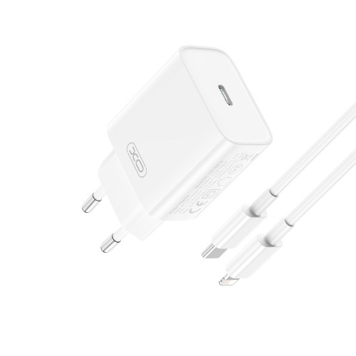 Мрежово зарядно устройство XO CE15 PD 20W 1x USB-C бяло + USB-C - Lightning кабел