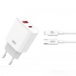 Мрежово зарядно устройство XO CE12 PD QC3.0 20W 1x USB 1x USB-C бяло + USB-C  - Lightning кабел