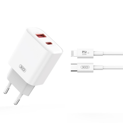 Мрежово зарядно устройство XO CE12 PD QC3.0 20W 1x USB 1x USB-C бяло + USB-C - Lightning кабел Мрежово зарядно устройство XO CE12 PD QC3.0 20W 1x USB 1x USB-C бяло + USB-C - Lightning кабел