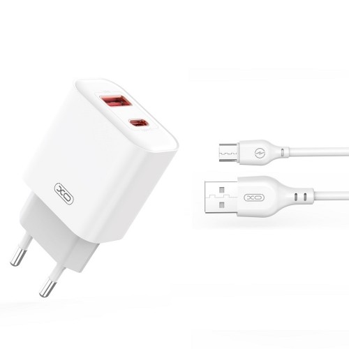 Мрежово зарядно устройство XO CE12 PD QC3.0 20W 1x USB 1x USB-C бяло + USB - microUSB cable