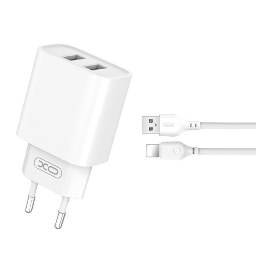 Зарядно за телефон XO wall charger CE02C 2x USB 2,1A white + Lightning cable Зарядно за телефон XO wall charger CE02C 2x USB 2,1A white + Lightning cable