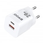 Мрежово зарядно устройство BWOO CDA156 PD wall charger 1x USB-C 1v USB 20W Бяло