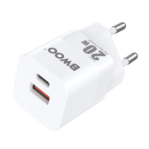 Мрежово зарядно устройство BWOO CDA156 PD wall charger 1x USB-C 1v USB 20W Бяло
