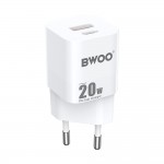 Мрежово зарядно устройство BWOO CDA156 PD wall charger 1x USB-C 1v USB 20W Бяло