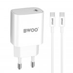 Зарядно за телефон или таблет BWOO CDA159 PD wall charger 20W 1x USB-C port + USB-C кабел, Бяло