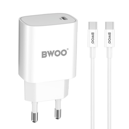 Зарядно за телефон или таблет BWOO CDA159 PD wall charger 20W 1x USB-C port + USB-C кабел, Бяло