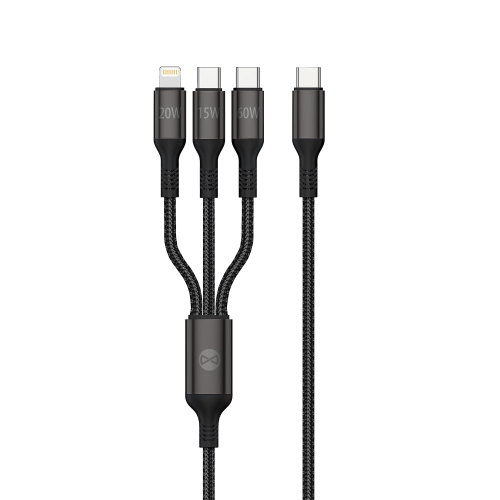 Кабел за зареждане и данни Forever 3in1 cable USB-C - Lightning + 2x USB-C 1,2 m 60W, черен с оплетка