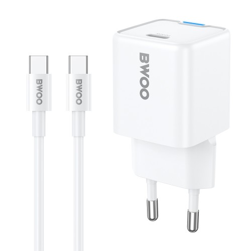 Мрежово зарядно устройство BWOO 30W GaN PD 1x USB-C port + кабел USB-C 2A 60W Бяло