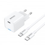 Мрежово зарядно устройство BWOO 30W GaN PD 1x USB-C port + кабел USB-C 2A 60W Бяло