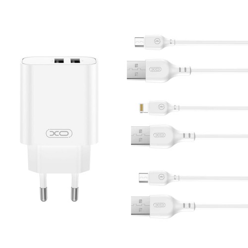 Мрежово зарядно устройство XO wall charger CE34 2x USB 2,4A Бяло + USB-C кабел