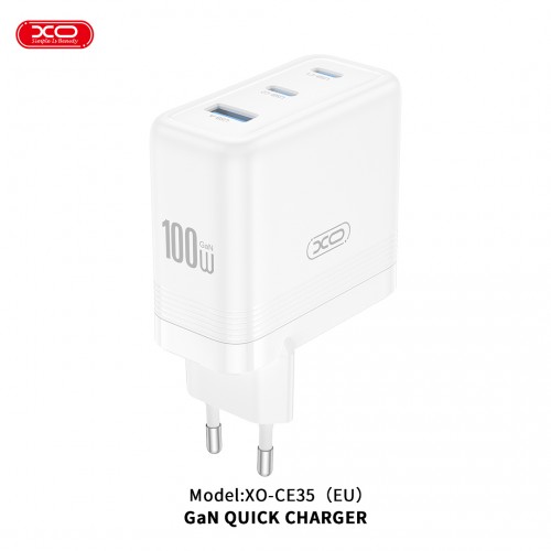 Бързо заарядно устройство за лаптоп, таблет или телефон XO wall charger CE35 PD 100W 2x USB-C 1x USB Бяло