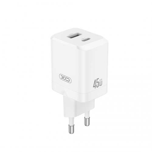Мрежово зарядно устройство, XO wall charger CE36 GaN QUICK CHARGER PD 45W 1x USB-C 1x USB white Мрежово зарядно устройство, XO wall charger CE36 GaN QUICK CHARGER PD 45W 1x USB-C 1x USB white