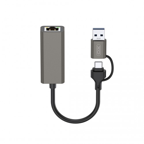 Мрежови адаптер XO adapter HUB HUB018 2w1 USB-USB-C - RJ45 сив Мрежови адаптер XO adapter HUB HUB018 2w1 USB-USB-C - RJ45 сив