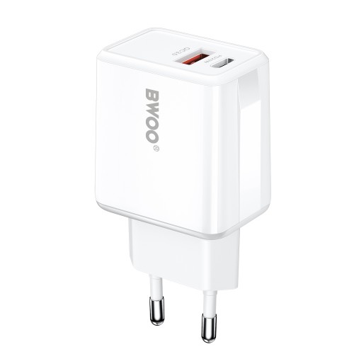 Бързо зарядно BWOO wall charger CDA182 QC 38W 1x USB-A + 1x USB-C white Бързо зарядно BWOO wall charger CDA182 QC 38W 1x USB-A + 1x USB-C white