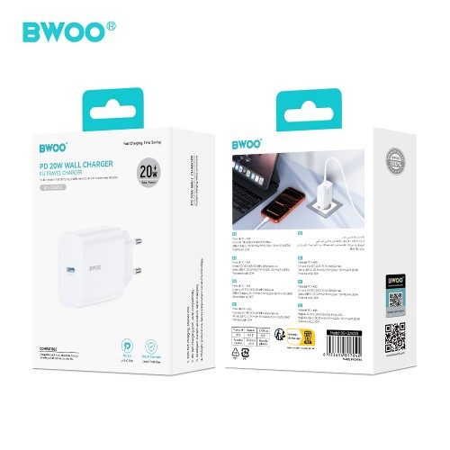 Бързо зарядно BWOO wall charger CDA233 PD 20W 1x USB-C white Бързо зарядно BWOO wall charger CDA233 PD 20W 1x USB-C white
