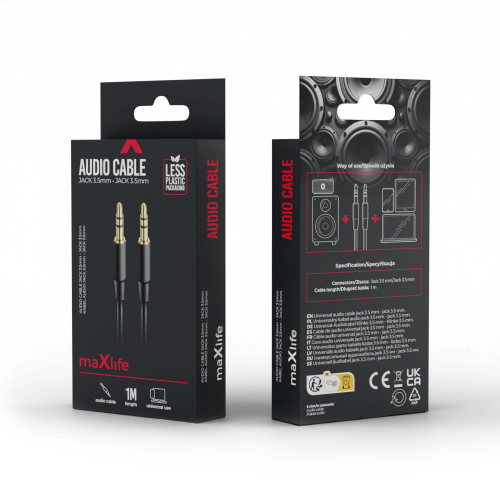 Кабел Maxlife audio /AUX/ jack 3.5 mm - jack 3.5 mm 1m Черен Кабел Maxlife audio /AUX/ jack 3.5 mm - jack 3.5 mm 1m Черен