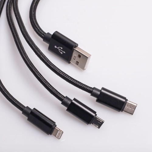 Кабел за зареждане и данни Maxlife 3in1 cable USB - Lightning + USB-C + microUSB 1,0 m 2,1A Черен с оплетка Кабел за зареждане и данни Maxlife 3in1 cable USB - Lightning + USB-C + microUSB 1,0 m 2,1A Черен с оплетка